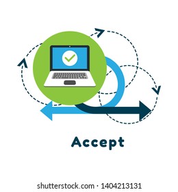 Laptop with checkmark or tick notification. Accept or approve checkmark. flat design.
