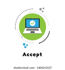 Laptop with checkmark or tick notification. Accept or approve checkmark. flat design.