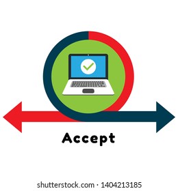 Laptop with checkmark or tick notification. Accept or approve checkmark. flat design.
