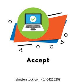Laptop with checkmark or tick notification. Accept or approve checkmark. flat design.