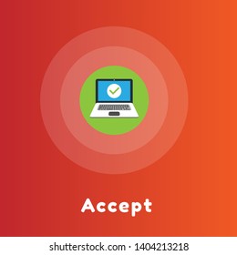 Laptop with checkmark or tick notification. Accept or approve checkmark. flat design.