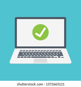 Laptop with checkmark or tick notification in bubble. Approved choice. Accept or approve checkmark. Vector stock illustration. 