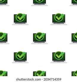 Portátil con marca de verificación o notificación de marca en el patrón de burbuja. Elección aprobada. Aceptar o aprobar marca de verificación. Ilustración vectorial.