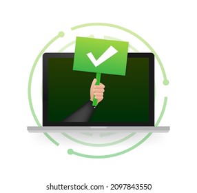 Portátil con marca de verificación o notificación de marca en el cartel. Elección aprobada. Aceptar o aprobar marca de verificación. Ilustración vectorial.