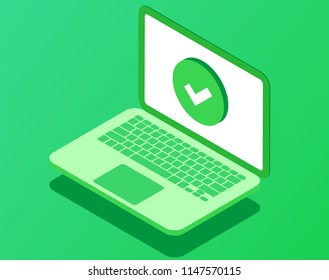 	
Laptop With Checkmark Or Tick Notification. Vector Illustration Of Computer With Approved Sign. Update Or Download Complete. Accept Or Approve Checkmark. Isometric Illustration.