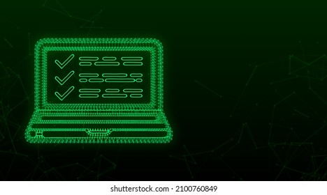 Portátil con marca de verificación o notificación de marca. Elección aprobada. Aceptar o aprobar marca de verificación. Ilustración del vector