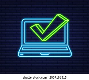 Notebook mit Markierungszeichen oder Ticketbenachrichtigung. Neonsymbol. Genehmigte Entscheidung. Markierungszeichen annehmen oder genehmigen. Vektorgrafik.