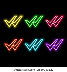 Laptop with checkmark or tick notificatione. Neon icon. Approved choice. Accept or approve checkmark. Vector illustration.