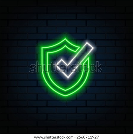 Laptop with checkmark or tick notificatione. Neon icon. Approved choice. Accept or approve checkmark. Vector illustration..