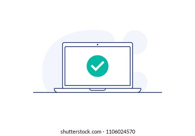 Laptop with checkmark. Vector icon in line art style