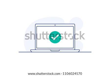 Laptop with checkmark. Vector icon in line art style