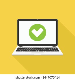 Laptop with checkmark vector illustration, flat design