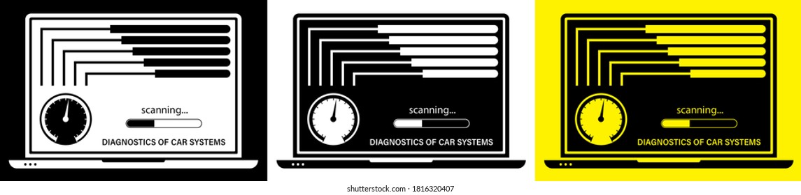 laptop checks that the vehicle is working properly. Computer diagnostics of car systems with special programs. Car service in service center. Vector