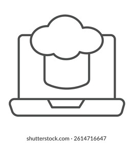 Laptop with chef hat thin line icon, culinary concept. Vector graphics. Chef cooking blog website sign on white background, linear style icon for mobile or web design