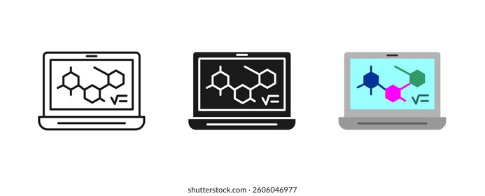 Laptop with chemical formula icon. Science learning symbol. Technology and education illustration. Research and lab graphic. Molecule analysis concept. Virtual experiment design.