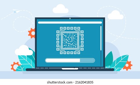 Laptop Chip. The screen shows CPU Abstract digital chip computer processor Technology develop electronic devices on microchip. Hardware engineering AI. Download data. Flat design. Vector illustration.