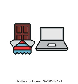 Laptop and chocolate bar icon represents sweet digital breaks, ideal for cozy workspaces and creative sessions.