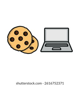 Laptop and chocolate chip cookies icon captures cozy work vibes, perfect for breaks, study, or remote work scenes.