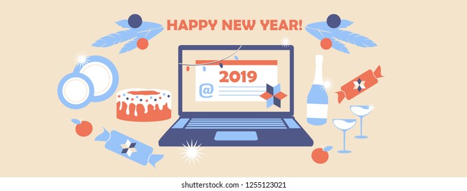 Laptop with Christmas card. Notebook and envelope with letter and Merry Christmas title. Xmas concepts. Modern flat design graphic elements. Vector illustration