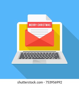 Laptop with Christmas card. Notebook and envelope with letter and Merry Christmas title. Xmas concepts. Modern flat design graphic elements. Long shadow style. Vector illustration