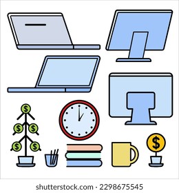 Laptop, christmas money tree, Icon set in flat design, business chat, flat line-art, vector Illustration 