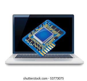 Laptop and circuit concept. Vector illustration for technical support, computer hardware store, repair service.