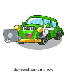 With laptop classic car isolated in the cartoon