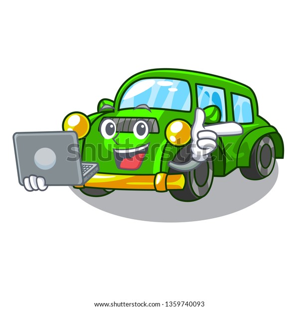 With laptop\
classic car isolated in the\
cartoon