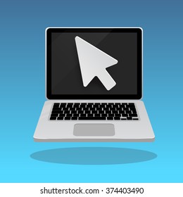 Laptop click by digital arrow. Macbook pro