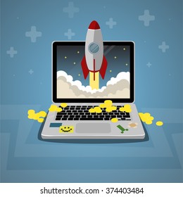 Laptop click digital arrow on screen with fly rocket money Launch
