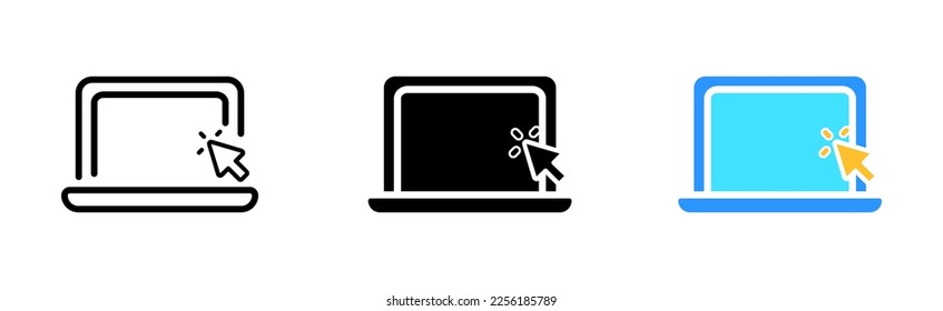 Laptop with click set icon. Screen, monitor, electronics, browser, internet, world wide web, data, knowledge. technology concept. Vector icon in line, black and colorful style on white background