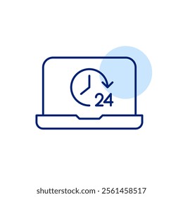 Laptop with clock and 24 hour symbol. Constant connectivity and reliability, continuous access, always on workflow. Pixel perfect, editable stroke icon