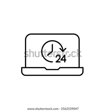 Laptop with clock and 24 hour symbol. Constant connectivity and reliability, continuous access, always on workflow. Pixel perfect vector icon