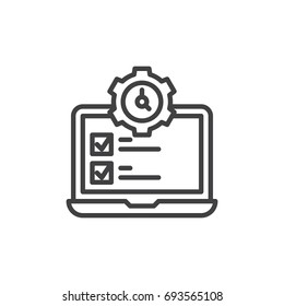 Laptop and clock gear line icon, outline vector sign, linear style pictogram isolated on white. Symbol, logo illustration. Editable stroke. Pixel perfect vector graphics