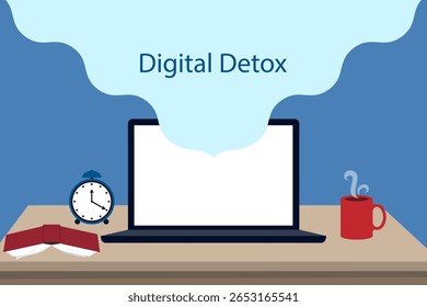 La computadora portátil y el reloj simbolizan alejarse de las pantallas para relajarse. Adoptar una desintoxicación digital para la atención plena