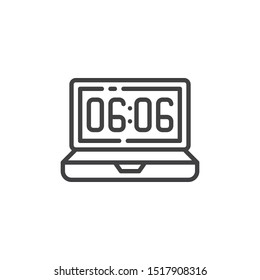 Laptop clock time line icon. linear style sign for mobile concept and web design. Computer time screen outline vector icon. Symbol, logo illustration. Vector graphics