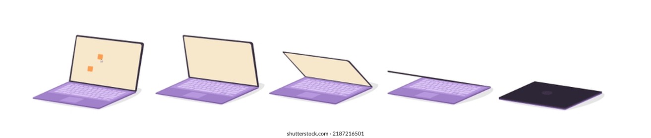 Laptop closing animation elements. Set of digital device shutdown or close steps. Gadget with different screen angles. Design element for creating movement. Cartoon isometric vector collection