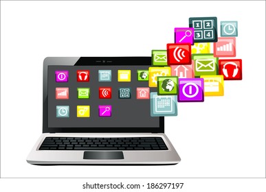 Laptop with cloud of colorful application