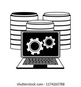 Laptop with cloud computing in black and white