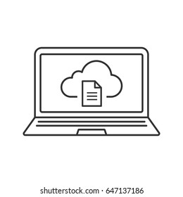 Laptop cloud computing linear icon. Thin line illustration. Notebook with cloud storage document contour symbol. Vector isolated outline drawing