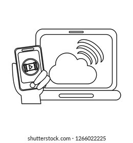 Laptop with cloud computing and smartphone with movie in black and white