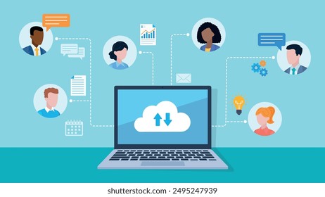 Laptop with a cloud connection icon on the screen. Around the laptop are employee avatars. Next to them are icons of light bulbs, gears, conversation, document, calendar. Flat design vector.