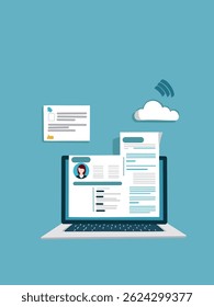 notebook com conexão em nuvem, ilustração de vetor