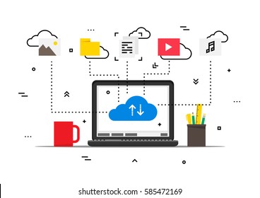 Laptop with cloud data storage data vector illustration. Wireless file transfer network technology creative concept. Remote internet storage for files graphic design. Online file synchronization.
