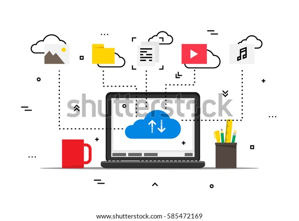 ノートパソコンとクラウドデータストレージのデータベクター画像イラスト ワイヤレスファイル転送ネットワークテクノロジのクリエイティブコンセプト ファイルグラフィックデザイン用のリモートインターネットストレージ オンライン ファイルの同期 のベクター画像