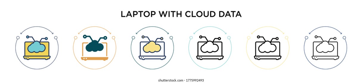 Laptop with cloud data symbol on screen icon in filled, thin line, outline and stroke style. Vector illustration of two colored and black laptop with cloud data symbol on screen vector icons designs 