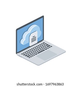 Laptop cloud document. Vector 3d isometric, color web icon, new flat style. Creative illustration design, isolated graphic idea for infographics.