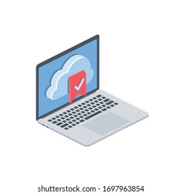 Laptop cloud flag bookmark check mark. Vector 3d isometric, color web icon, new flat style. Creative illustration design, isolated graphic idea for infographics.