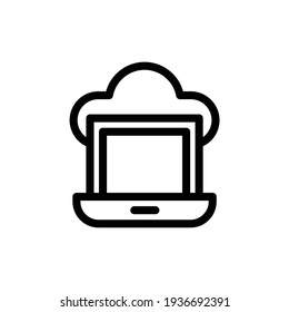 Laptop and cloud icon, outline style. Cloud computing technology network with laptop. Online devices upload, download information, data in database on cloud services, vector flat illustration
