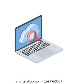 Laptop cloud magnifier search analysis. Vector 3d isometric, color web icon, new flat style. Creative illustration design, isolated graphic idea for infographics.